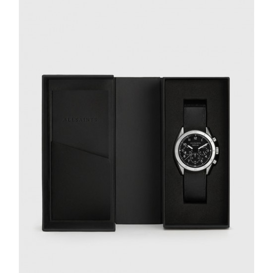 Sale Allsaints Subtitled IV Stainless Steel and Black Leather Watch