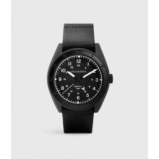 Sale Allsaints Subtitled GMT I Matte Black Stainless Steel and Black Nylon Watch