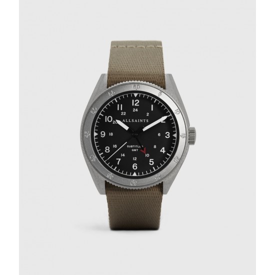 Sale Allsaints Subtitled GMT II Stainless Steel and Grey Nylon Watch
