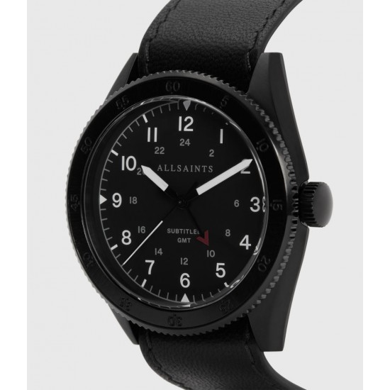Sale Allsaints Subtitled GMT III Black Stainless Steel and Black Leather Watch