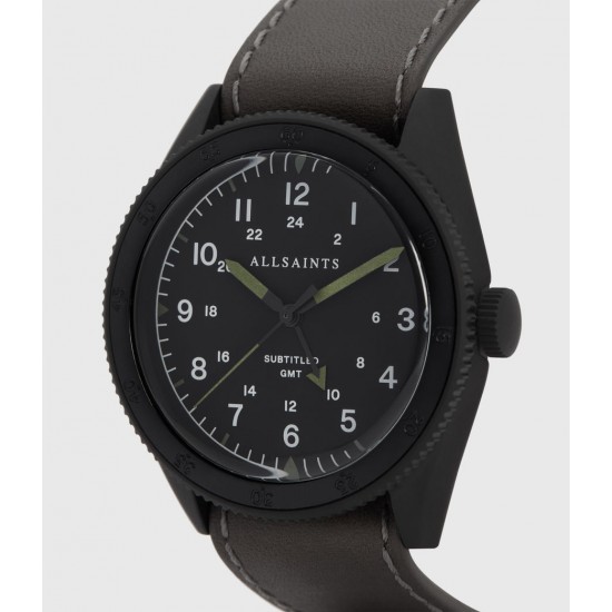 Sale Allsaints Subtitled GMT IV Matte Black Stainless Steel and Slate Leather Watch